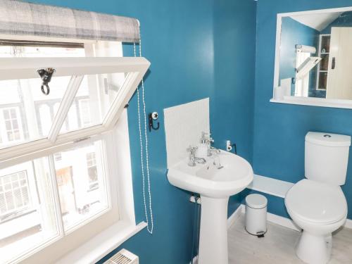une salle de bain bleue avec des toilettes et un lavabo dans l'établissement Kooky Cottage, à Brecon