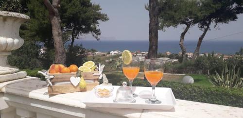 a tray with two glasses of wine and fruit on a table at Villa Nunziatella Badia in Trappeto