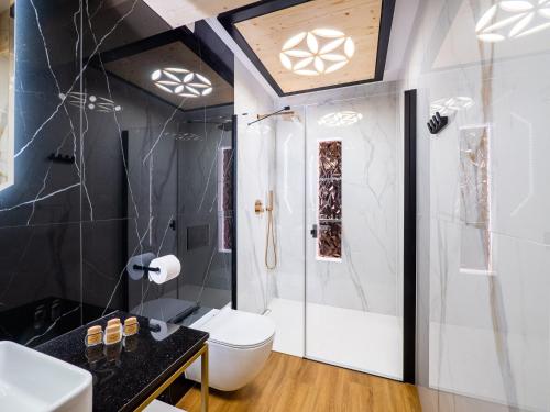 a bathroom with a white toilet and a shower at Aparthotel Góralski Spa 2 in Białka Tatrzanska