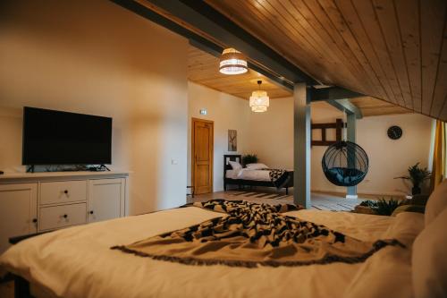 a bedroom with a large bed with a flat screen tv at Cabana Fantanele in Ceahlău