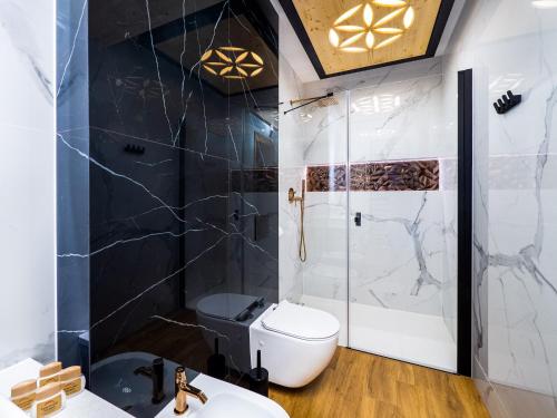 a bathroom with a shower and a toilet and a sink at Aparthotel Góralski Spa 2 in Białka Tatrzanska