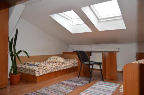 a bedroom with a bed and a chair and skylights at Kollege Hostel in Cluj-Napoca