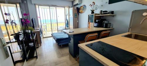 une cuisine avec un évier et un plan de travail dans l'établissement Evasion Bleue, à Villeneuve-Loubet