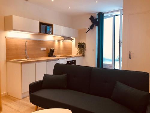 un salon avec un canapé et une cuisine dans l'établissement Le jungle charmant appartement avec extérieur, à Nîmes