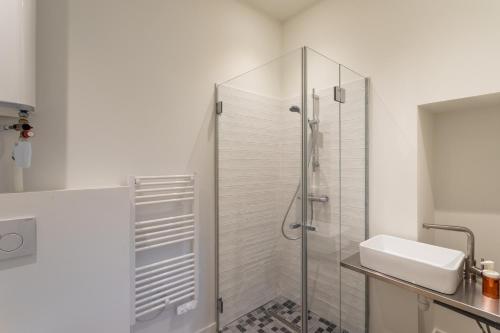 une salle de bain avec douche et lavabo dans l'établissement La Cour des Carmélites 2 - Studio calme en centre-ville, à Rennes