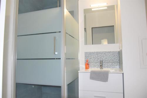 uma casa de banho com um lavatório e um espelho em Studio Dreams Paris em Montévrain