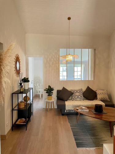 un salon avec un canapé et une table dans l'établissement Appartement aux pieds du Palais des Papes., à Avignon