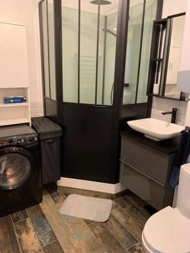 a bathroom with a washing machine and a sink at Appartement vue sur mer, 30m de la plage in Lacanau-Océan