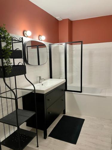 une salle de bain avec un lavabo, un miroir et une baignoire dans l'établissement Appartement aux pieds du Palais des Papes., à Avignon