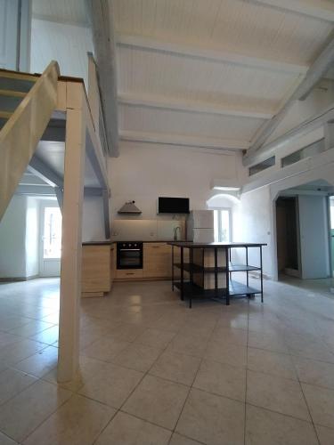 a large room with a kitchen and a table at La Maison du Chassezac in Les Assions