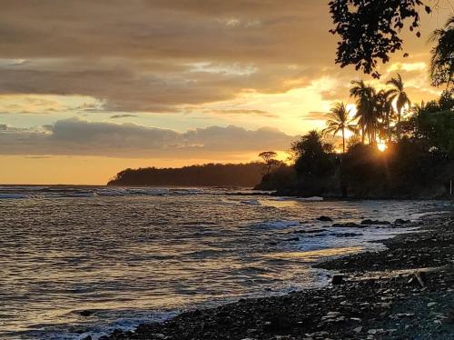 a sunset on a beach with palm trees and the ocean at Hotel Santa Catalina Panamá in Santa Catalina