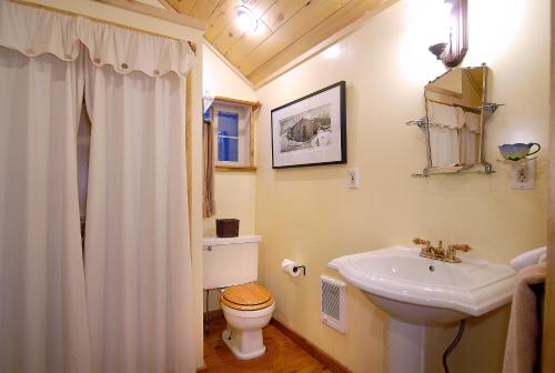 un bagno bianco con lavandino e WC di Pioneer Guest Cabins a Crested Butte