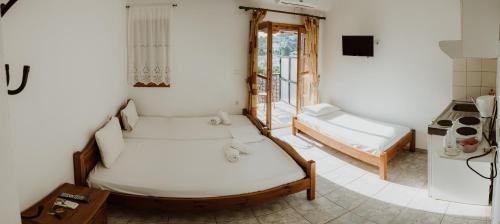 a room with two beds and a stove in it at Filippos Rooms Afissos in Afissos