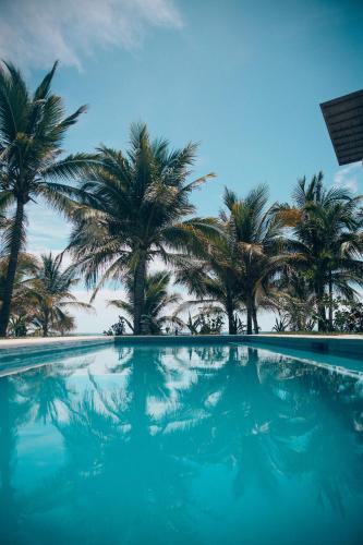 a swimming pool with palm trees in the background at Casa Kuaa in Brisas de Zicatela