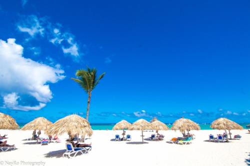 a beach with straw umbrellas and a palm tree at Stanza Mare Beach Front in Punta Cana