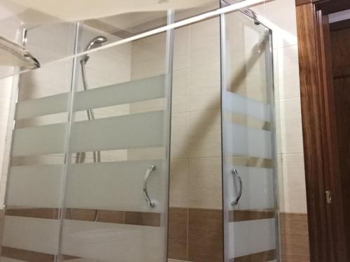 ビリャロブレドにあるHotel Castilloの浴室のガラス扉付きシャワー