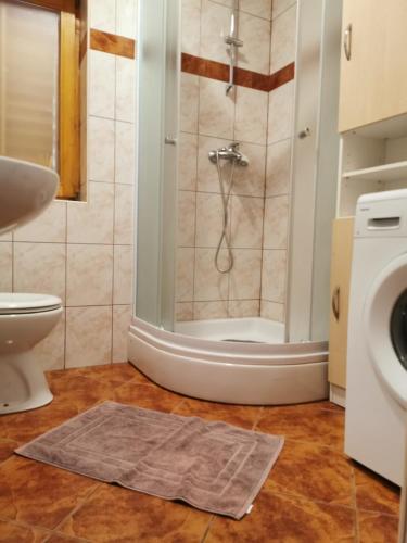 a bathroom with a shower and a toilet and a sink at Kod Male Gospe in Tribunj