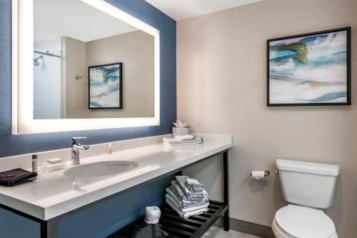 a bathroom with a sink and a mirror and a toilet at Cambria Hotel Orlando Airport in Orlando