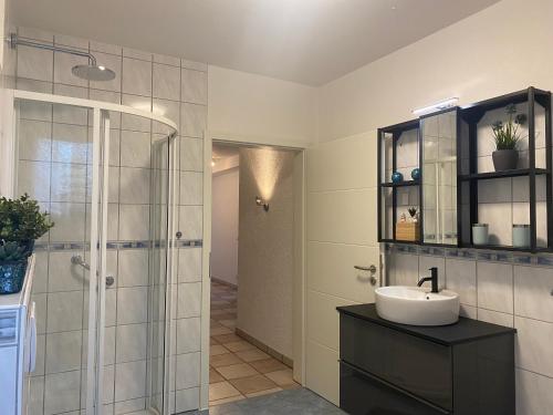 a bathroom with a glass shower and a sink at Ferienwohnung Nuß in Annweiler am Trifels