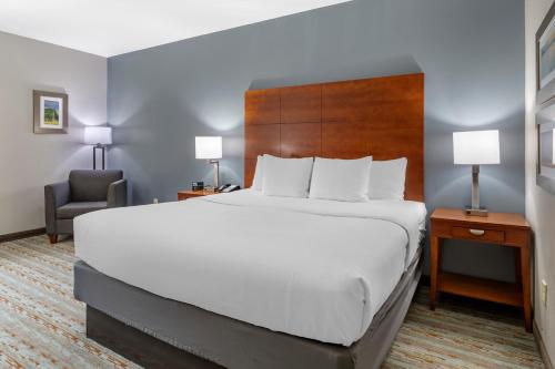 a hotel room with a large bed and a chair at Comfort Inn & Suites in Cleveland