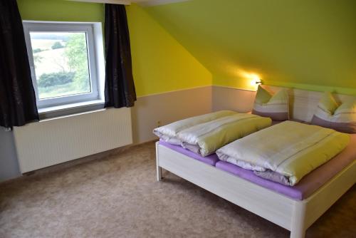 1 dormitorio con 1 cama en una habitación con ventana en Ferienwohnung Schöne Aussicht Pension Volgenandt, en Breitenbach