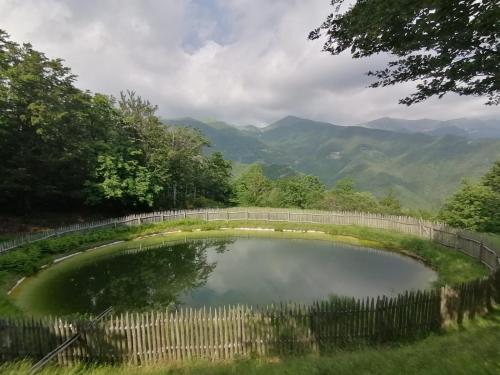 a pond with a fence and mountains in the background at Parco Colle Fobia in Barga