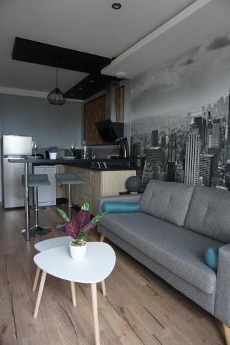 un salon avec un canapé et une table dans l'établissement Appart Chic & Moderne avec balcon, à La Roche-sur-Yon