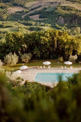 a swimming pool with chairs and umbrellas in a field at Aethos Saragano in Saragano