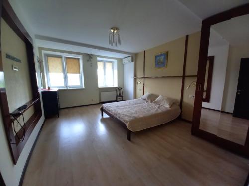 Habitación amplia con cama y espejo. en Квартира апартаменты с авторскими ремонтом en Yuzhne