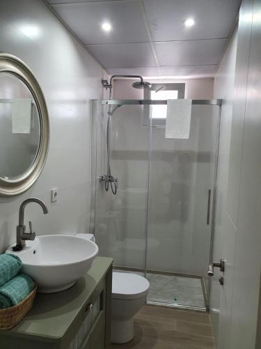 a bathroom with a sink and a glass shower at Apartamentos Balcón de la Vega in Almodóvar del Río