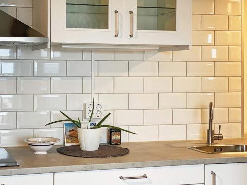 a kitchen counter with a potted plant on it at 4 person holiday home in FÄRJESTADEN in Färjestaden