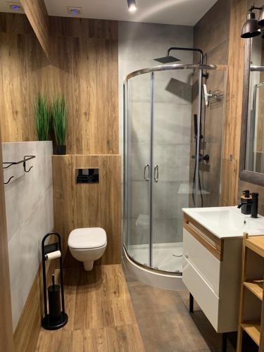 a bathroom with a shower and a toilet and a sink at Castle Apartments Malbork in Malbork