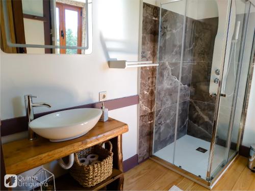 a bathroom with a sink and a shower at Quinta da Urtigueira in Felgueiras