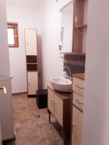 a bathroom with a sink and a mirror at Rozmaring Apartman Zánka in Zánka