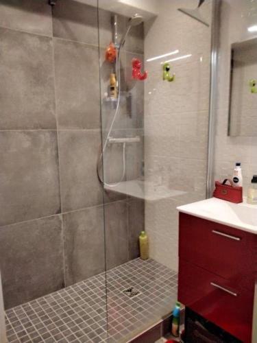 une douche avec une porte vitrée dans une salle de bain dans l'établissement Charmant studio Bord de mer Plage Ste Marguerite Pornichet, à Pornichet