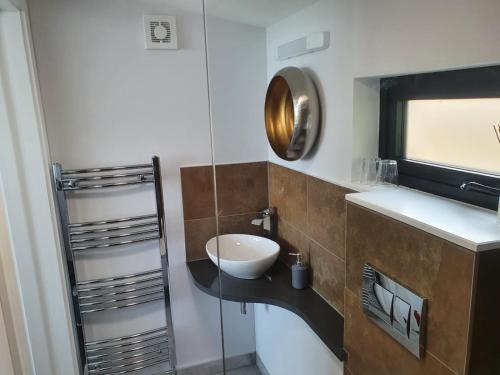 uma casa de banho com um lavatório e um espelho em Tara Hill Estate em Gorey