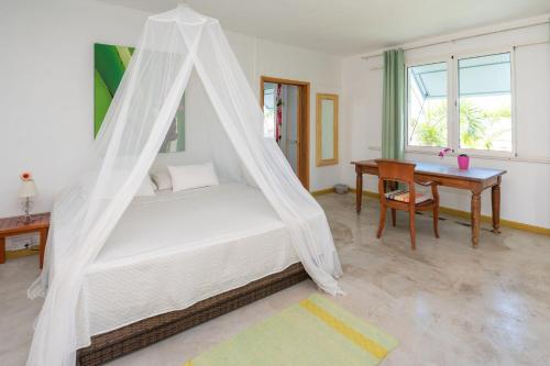 a bedroom with a bed with a mosquito net at Rusty Pelican Pristine Apt. in La Gaulette