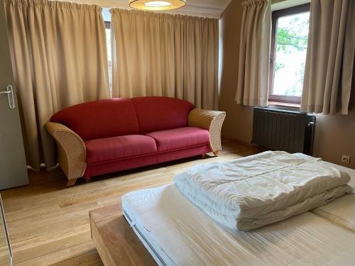 een woonkamer met een bed en een rode bank bij Les Bambous in La-Roche-en-Ardenne