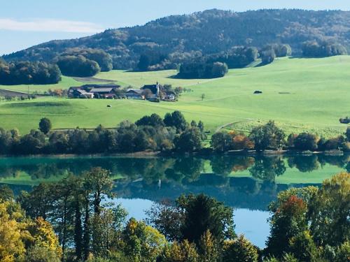 un lago en medio de un campo con árboles en Holz Chalet Nähe Salzburg, en Feldbach