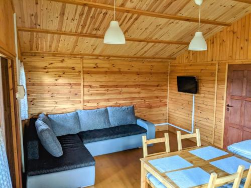 a living room with a couch and a table at Domek letniskowy nad jeziorem in Barczewo