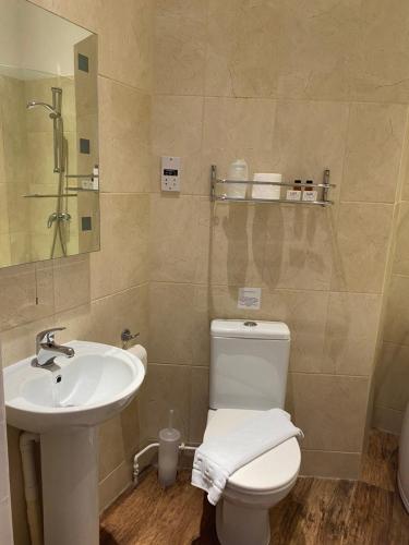 a bathroom with a toilet and a sink at The Tudor Hotel in Bridgwater
