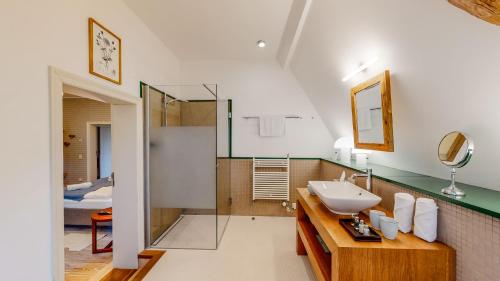 ein Bad mit einem Waschbecken und einem Spiegel in der Unterkunft Schloss Grube in Bad Wilsnack