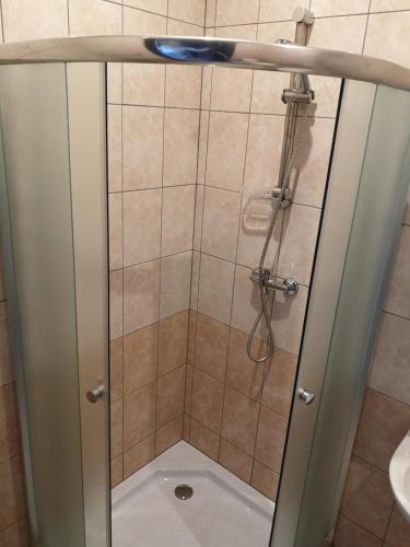 a shower with a glass door in a bathroom at Pas Nerijų in Skuodas