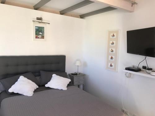 a bedroom with a bed with two pillows and a flat screen tv at Domaine Trevinella in Cauro