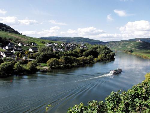 a boat traveling down a river with a town at Weingut Rosenbaum in Briedel