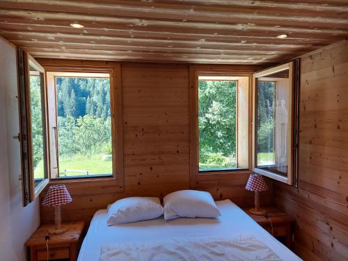 - une chambre avec un lit avec deux oreillers et deux fenêtres dans l'établissement CHALET SAUNA AU PIED DES PISTES - SAINT JEAN D'AULPS STATION - 14 PERSONNES - CHALET PHOENIX, à Saint-Jean-dʼAulps