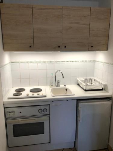 une cuisine avec une cuisinière et un évier dans l'établissement Soleil Levant, à Villers-sur-Mer