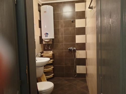 a small bathroom with a toilet and a shower at Belchevi Apartments in Burgas City