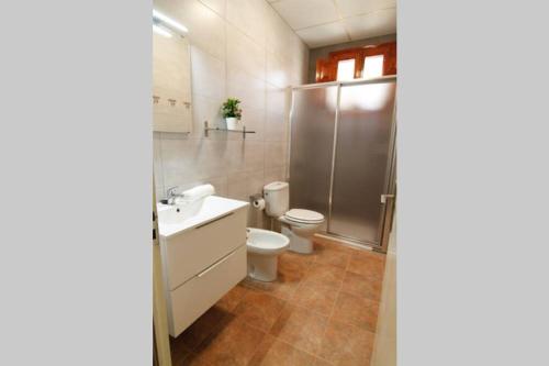 y baño con aseo, lavabo y ducha. en Casa rural Antich Delta del Ebro, en Deltebre