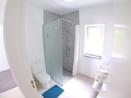 Un baño blanco con inodoro y ducha. en Casa Verde, en Feteira